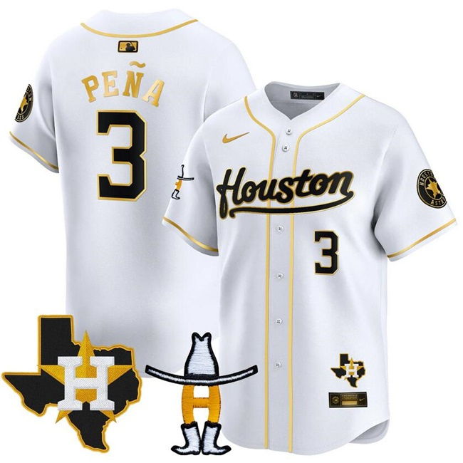 Men's Houston Astros #3 Jeremy Peña White/Gold Houston Rodeo Patch Vapor Premier Limited Stitched Baseball Jersey Men's Houston Astros #3 Jeremy Peña White/Gold Houston Rodeo Patch Vapor Premier Limited Stitched Baseball Jersey